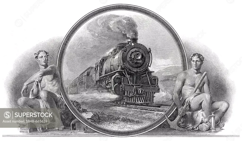 Historical stock certificate, railroad company, detail of the vignette, allegorical representation of two railroad workers with a steam locomotive, Bo...