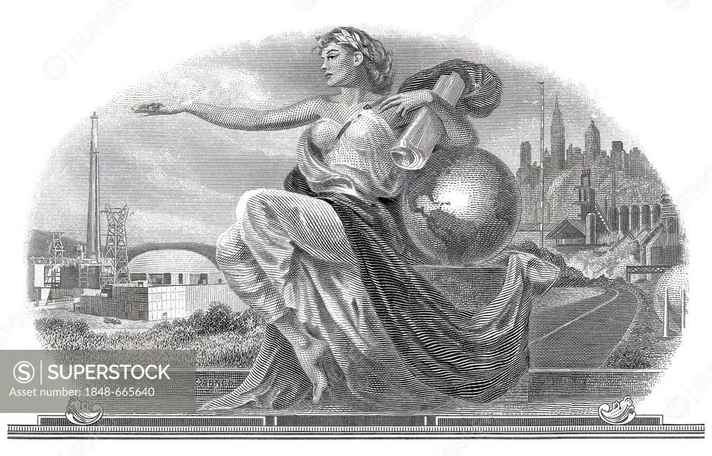 Historical stock certificate, detail of the vignette, allegorical representation of a woman with resting against a globe between a nuclear power plant...