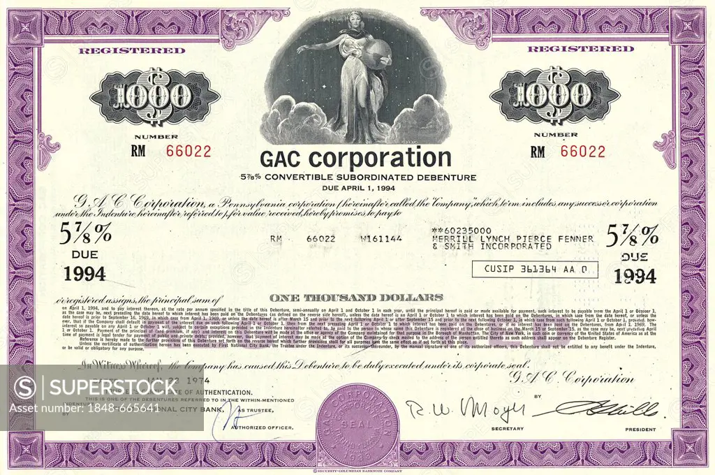 Historical stock certificate, mining company, GAC Corporation, Golden Arrow Resources Corporation, Pennsylvania, 1974, USA