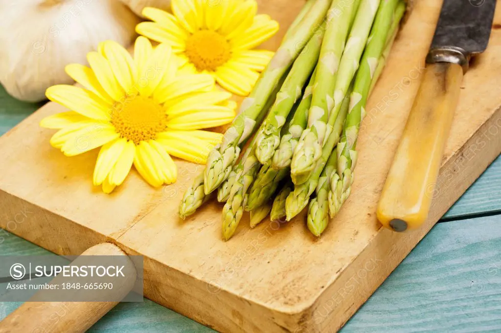 Green asparagus, a knife and flowers lying on a wooden board