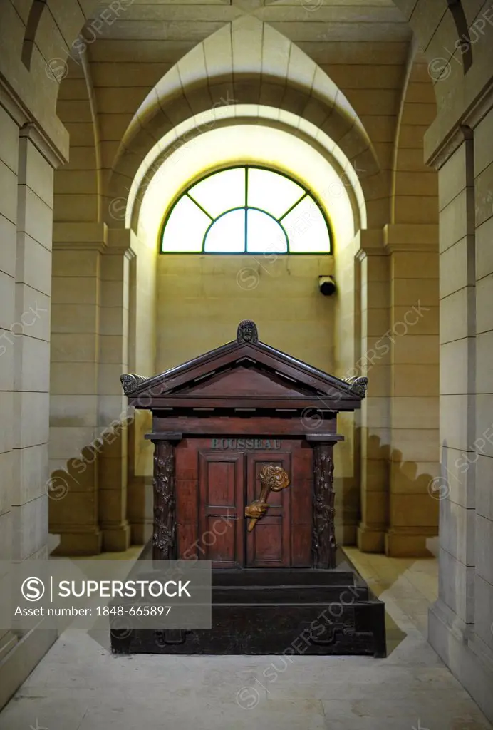 Interior with the honorary grave of Jean-Jacques Rousseau, crypt, Panthéon, a mausoleum for French National heroes, Montagne Sainte-Geneviève, Hill of...