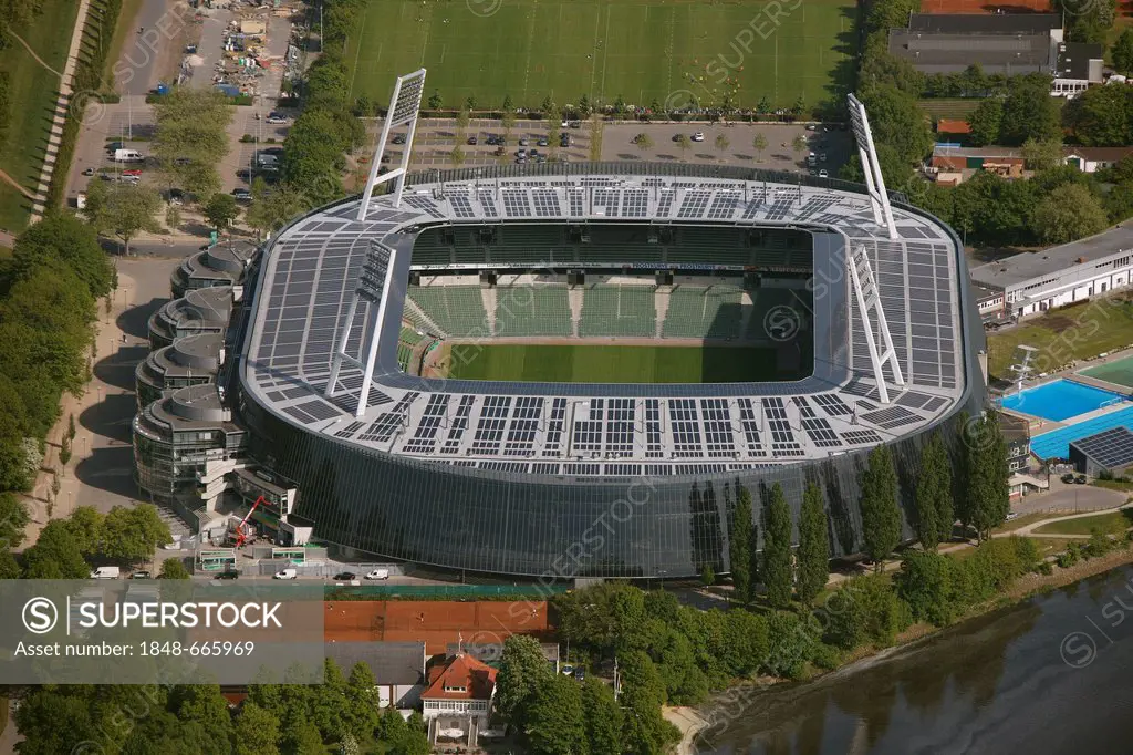 Aerial view, Weserstadion, stadium with solar panels on the roof, Bremen, Germany, Europe