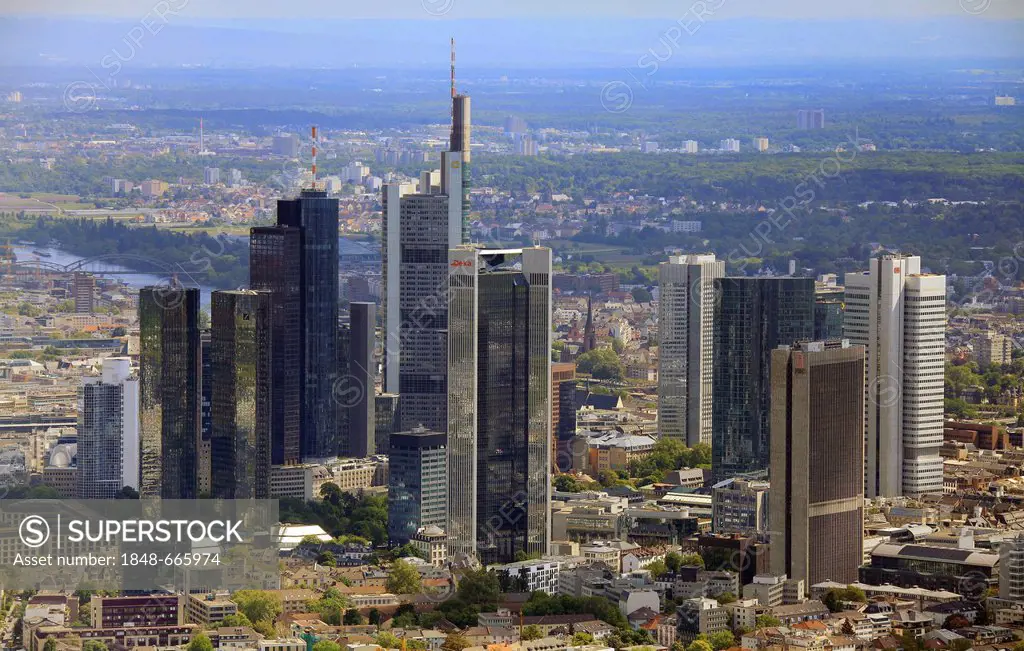 Aerial view, financial district, Frankfurt am Main, Hesse, Germany, Europe