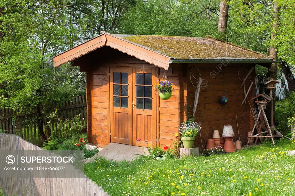 Wooden garden shed in garden, Upper Bavaria, Germany, Europe