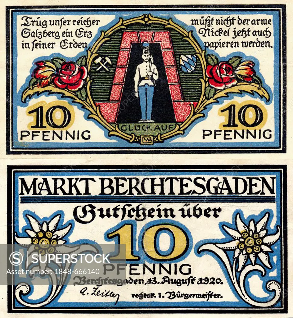 Emergency currency from Berchtesgaden, banknote, 10 pfennig, front and back side, images of an edelweiss and a mineworker in a salt mine, Germany, Eur...
