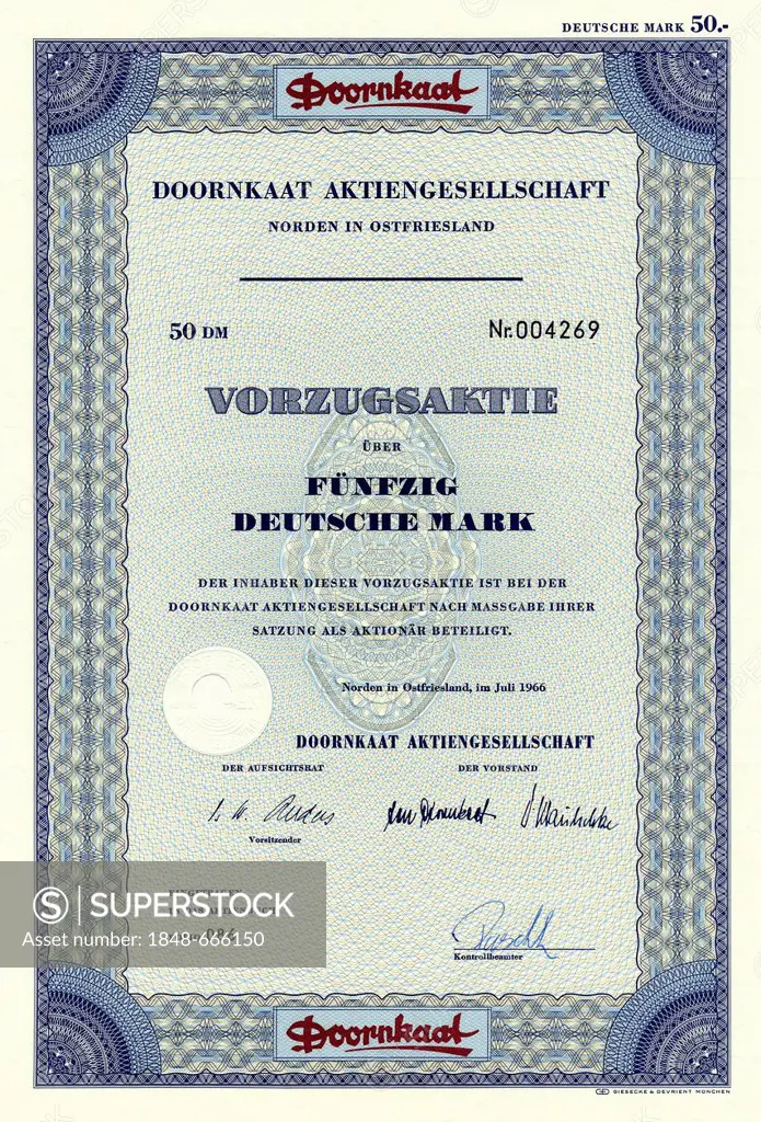 Historic stock certificate, 50 Deutschmarks, Doornkaat AG, 1966, Norden, Germany, Europe