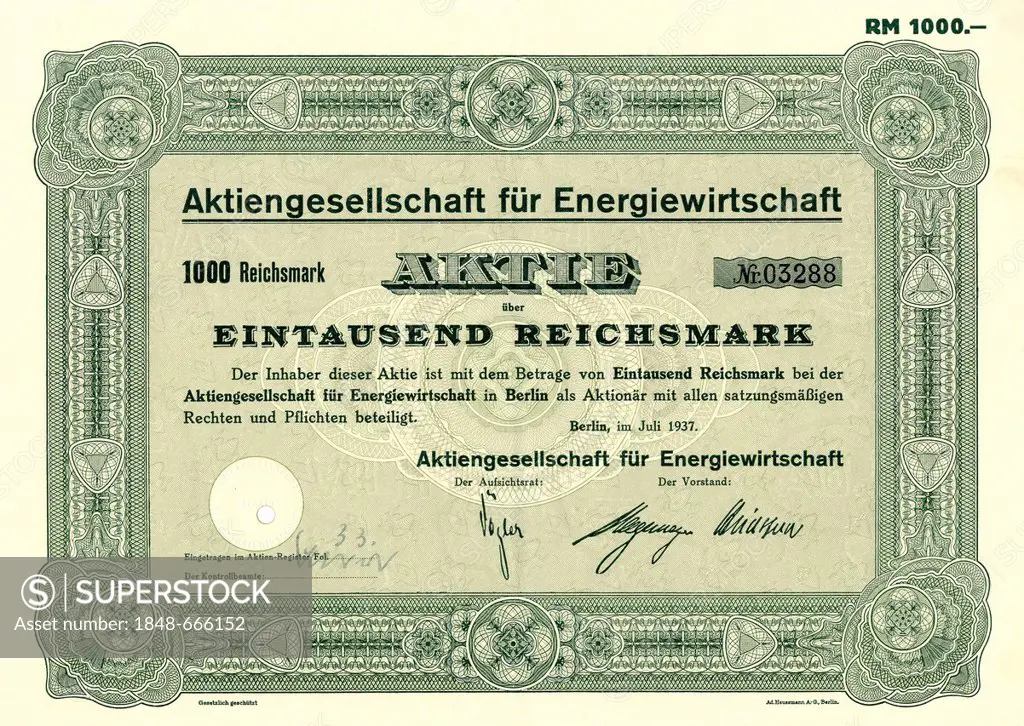 Historic stock certificate, share, 1000 reichsmarks, Aktiengesellschaft fuer Energiewirtschaft, a power supplier, 1937, Berlin, Germany, Europe