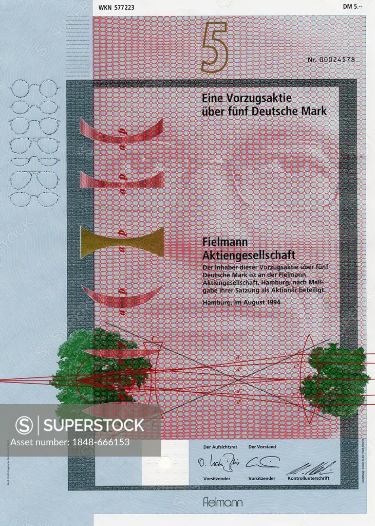 Historic stock certificate, share, 5 Deutschmarks, Fielmann Aktiengesellschaft, an optician chain, 1994, Hamburg, Germany, Europe