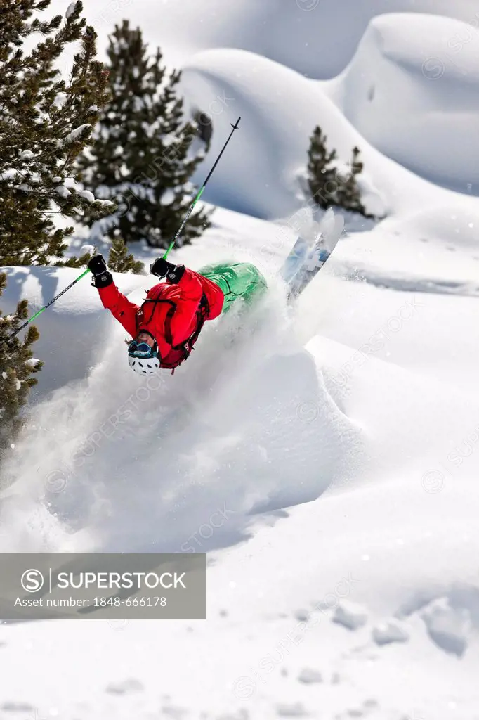 Freerider, skier flipping, snowy landscape, northern Tyrol, Austria, Europe