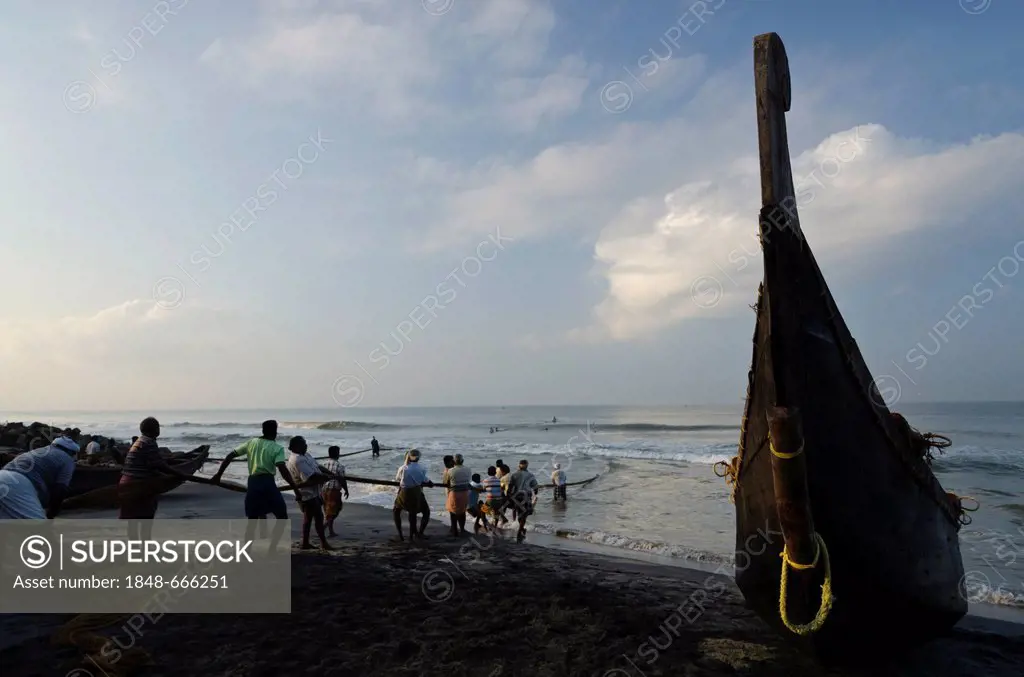 Fishermen fishing the traditional way, in a small village at the coast around Varkala, Kerala, India, Asia