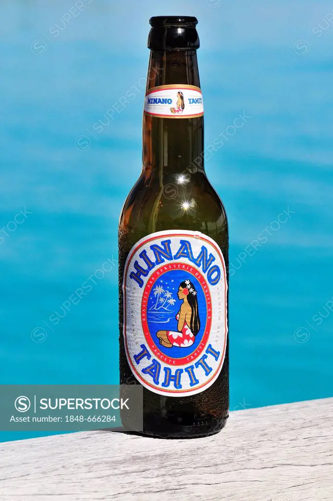 Hinano Tahiti, local beer, beer bottle, Bora Bora, Leeward Islands, Society Islands, French Polynesia, Pacific Ocean