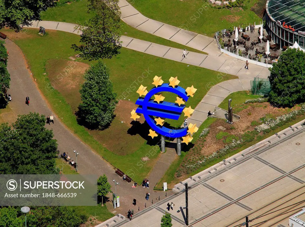 Aerial view, euro sign, European Central Bank, ECB, Frankfurt am Main, Hesse, Germany, Europe
