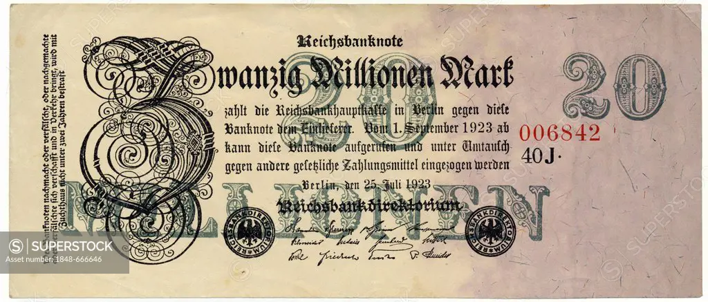 Historical note, Reichsbanknote, 20 million Mark, 1923, inflation money, Germany, Europe