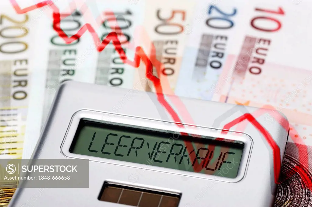 Pocket calculator on Euro banknotes with lettering Leerverkauf, Germany for short sale