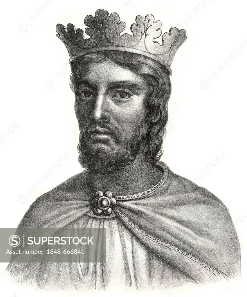 Historical steel engraving from the 19th Century, portrait of the West Frankish King Louis IV or Louis the overseas or Transmarinus IV d'Outre-Mer, fr...