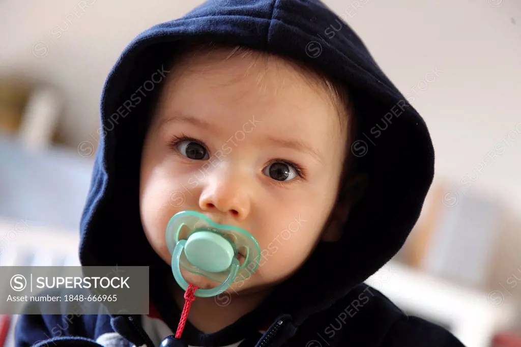 Portrait of a little boy, 10 months, with pacifier and hoodie