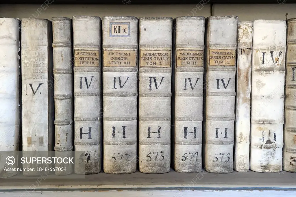 Very old books in the library of the Strahov Monastery, Hradcany, Prague Castle District, Prague, Czech Republic