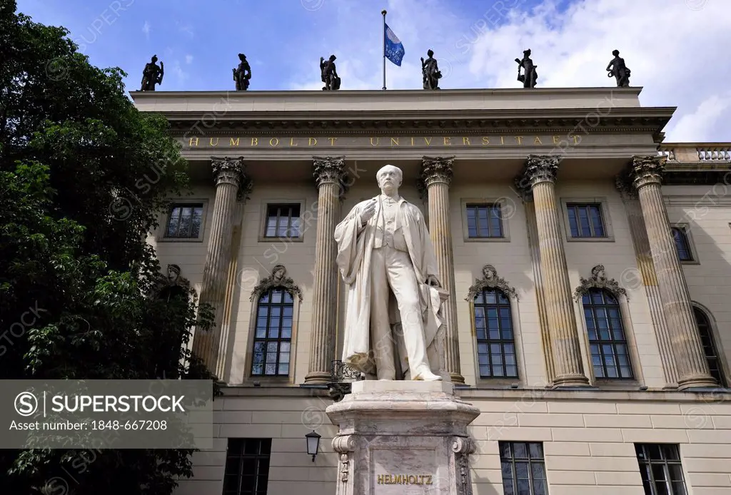 Statue of Hermann von Helmholtz in front of the Humboldt Universitaet university, Unter den Linden, Dorotheenstadt, Mitte district, Berlin, Germany, E...