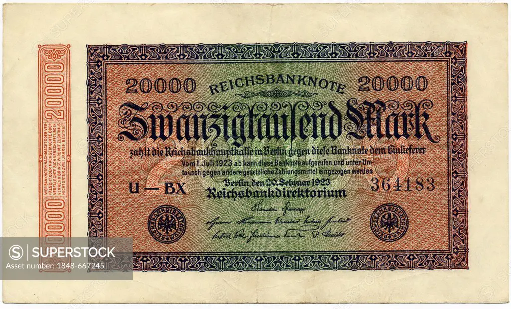 Historical banknote, Reichsbanknote, 20, 000 Mark, 1923, inflation money, Germany, Europe