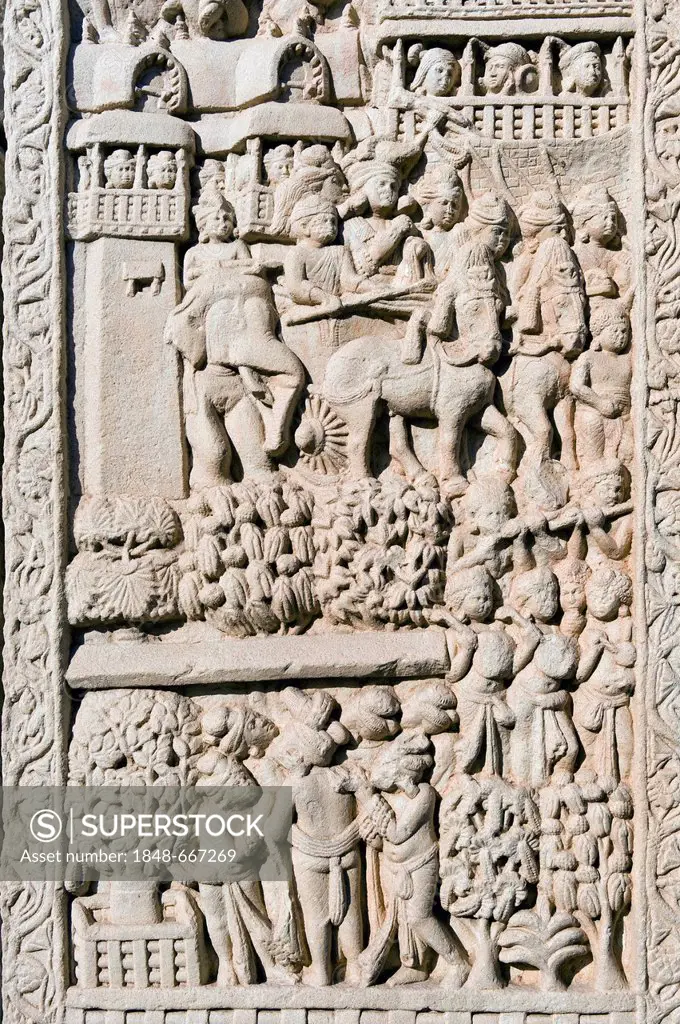 Relief depicting the life of Buddha, stupas of Sanchi, UNESCO World Heritage site, built by King Ashoka, the Mauryan dynasty, Sanchi, Vidisha in Madhy...