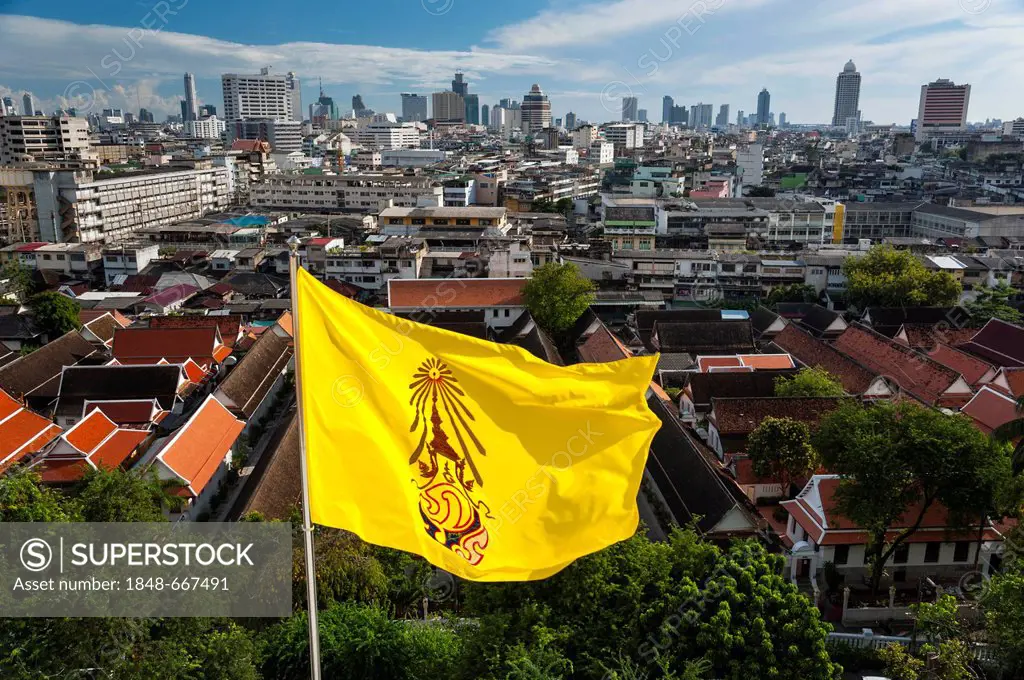 Yellow flag, view of the Bangkok skyline with the Bang Rak financial district, Bangkok, Thailand, Asia