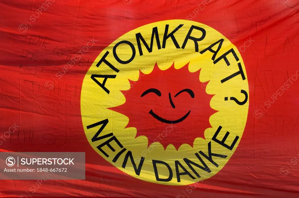 Banner Atomkraft Nein danke German for nuclear power No thanks, smiling sun, logo of the anti-nuclear movement