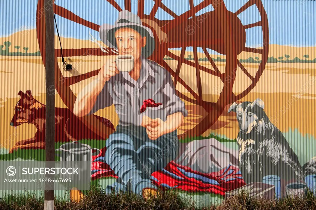 Hand-painted wall mural on corrugated iron of an Australian farmer drinking a hot beverage with his two dogs, Carnamah, Western Australia, Australia