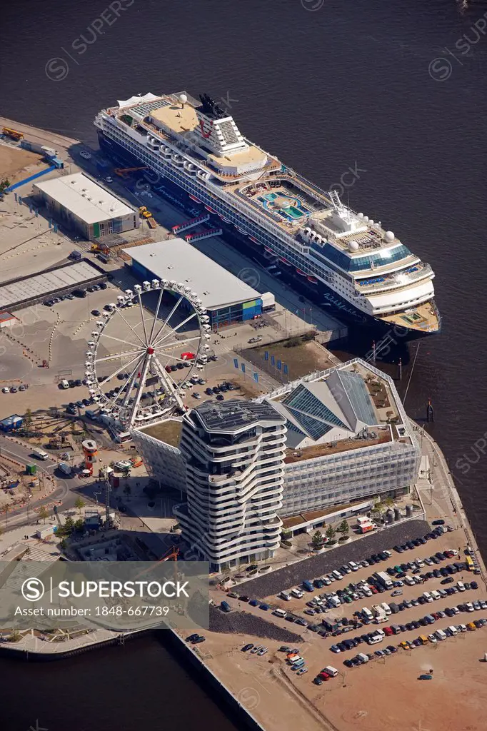 Aerial view, Mein Schiff cruise ship, Cruise Terminal, Chicagokai, Hafencity harbour district, Hamburg, Germany, Europe