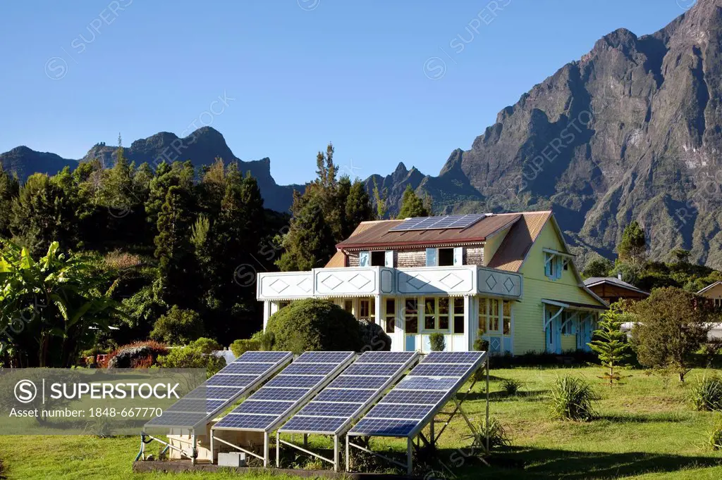 Mountain cottage with solar panels, photovoltaics, remote and hard to reach mountain village of La Nouvelle, Cirque de Mafate caldera, La Reunion isla...