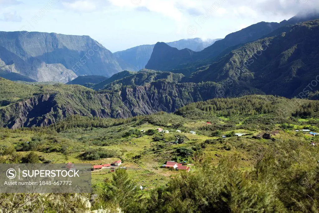 Remote and hard to reach mountain village of Marla, Cirque de Mafate caldera, La Reunion island, Indian Ocean