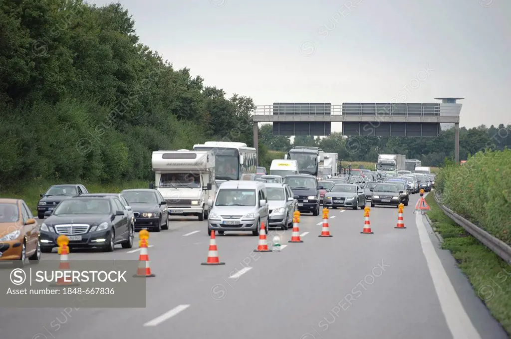 Traffic jam following a serious road traffic accident on the Autobahn A81, motorway, Ludwigsburg, Baden-Wuerttemberg, Germany, Europe