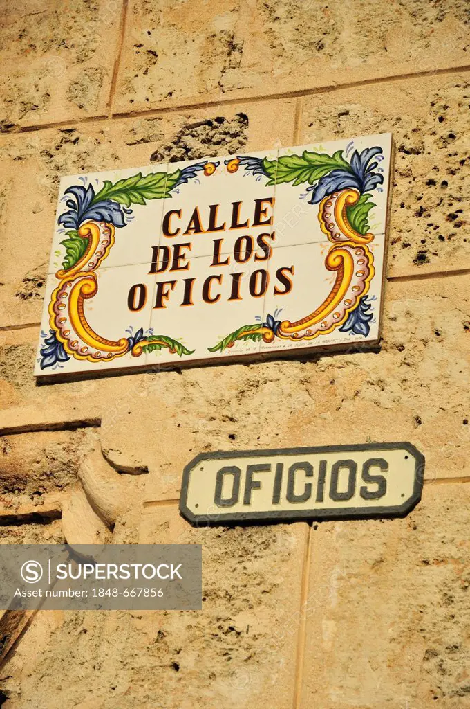 Street sign Calle de Oficios, old town Habana Vieja, Havana, Cuba, Caribbean