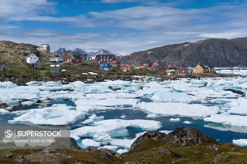 Ice floes, houses, Kulusuk, East Greenland, Greenland