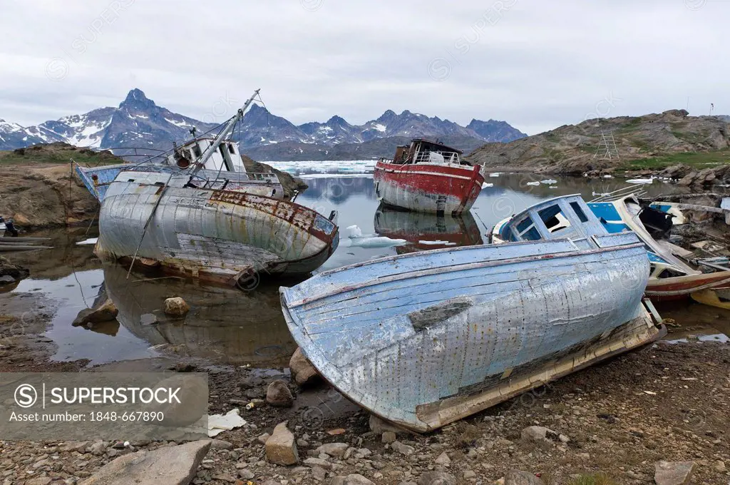 Old boats, Tasiilaq, also known as Ammassalik, East Greenland, Greenland