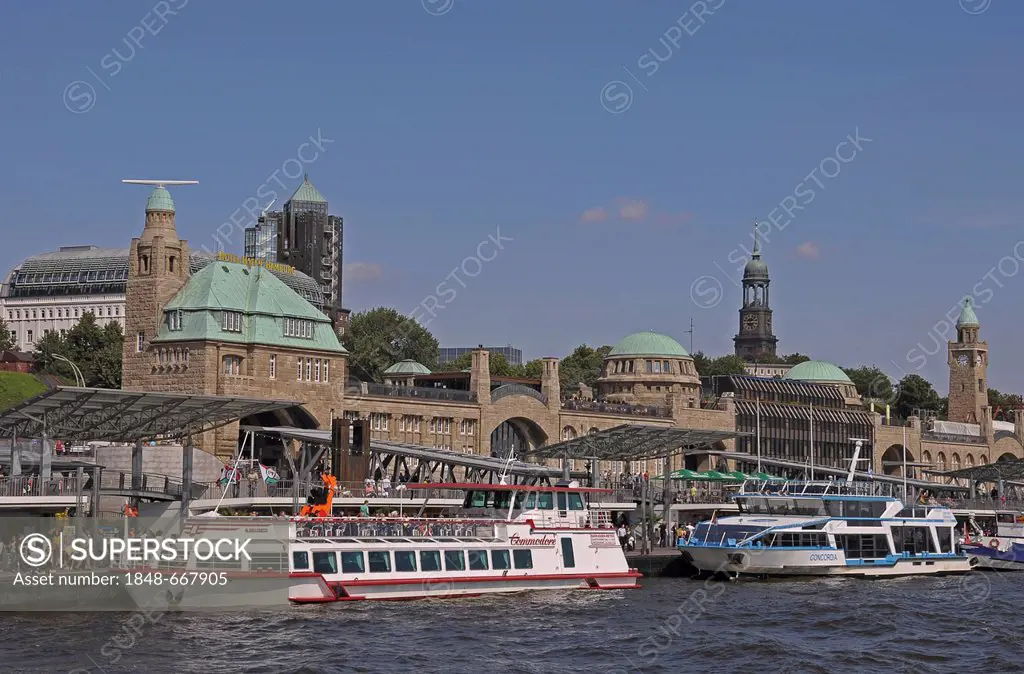 Harbor cruise barge, harbor view with the old Elbe Tunnel, Landungsbruecken piers, Hamburg, Germany, Europe