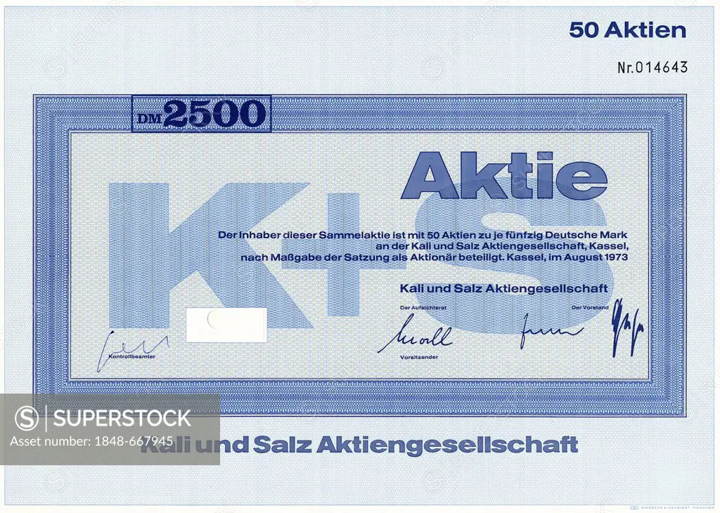 Historic stock certificate, 2500 Deutschmarks, Bergbauunternehmen Kali und Salz Aktiengesellschaft, K and S, 1973, Kassel, Germany, Europe