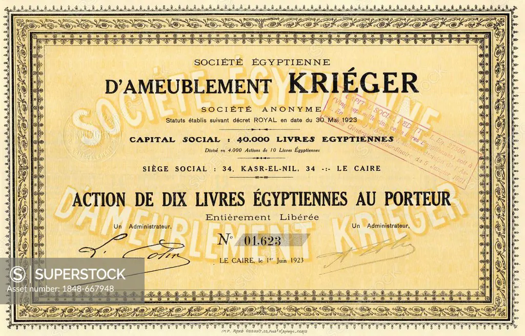 Historic stock certificate, share, furniture, Societe Egyptienne d'Ameublement Krieger, 1923, Cairo, Egypt, Africa