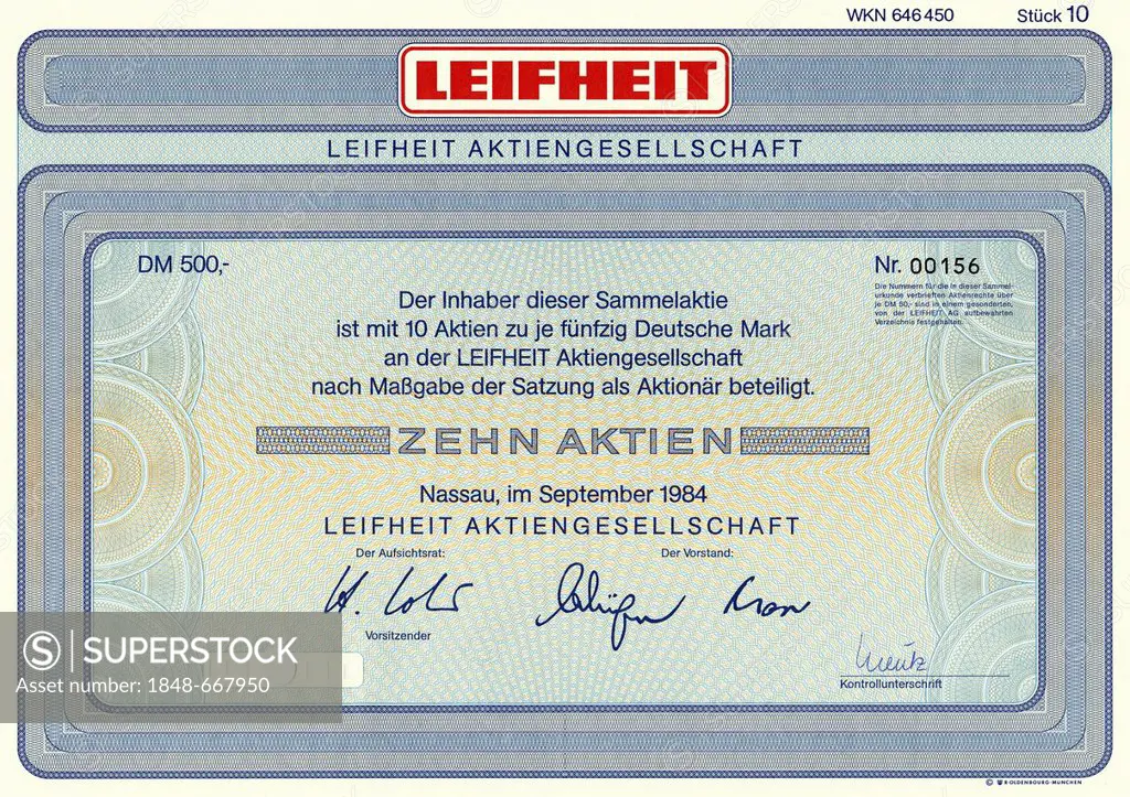 Historic stock certificate, share, manufacturer of household appliances, Leifheit AG, 1984, Nassau, Germany, Europe