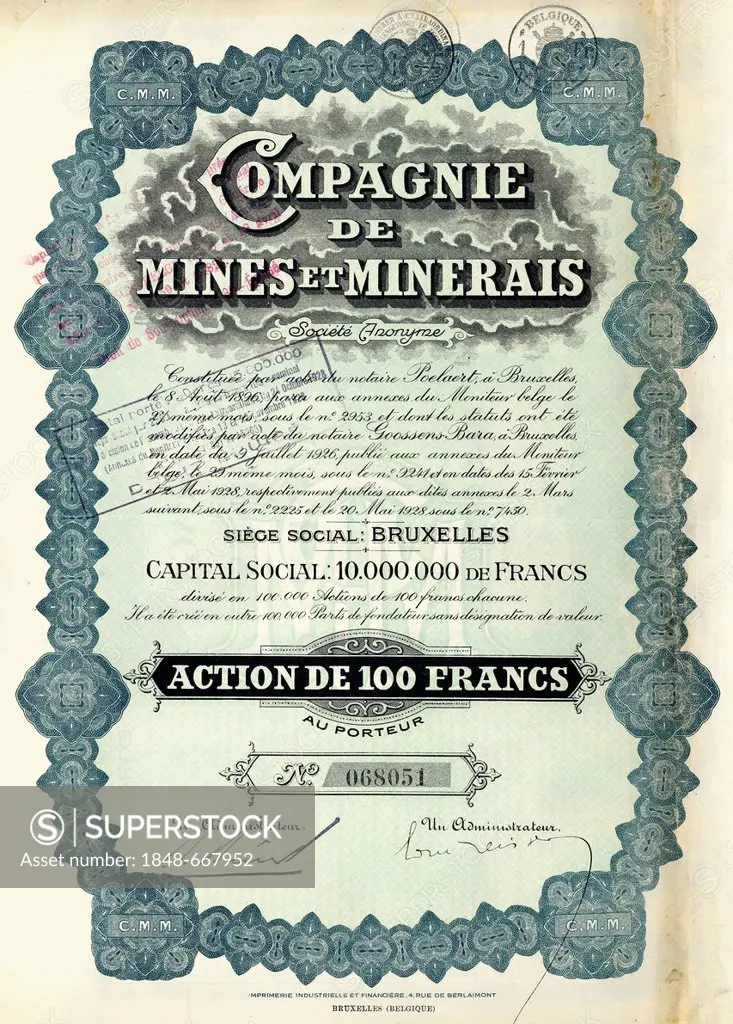 Historic stock certificate, share, mining, Compagnie de Mines et Minerais, 1930, 100 Belgian francs, Brussels, Belgium, Europe