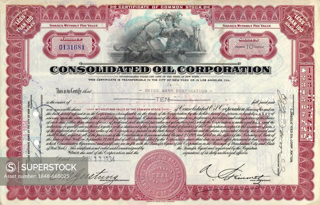 Historical stock certificate, oil company, Consolidated Oil Corporation, 1934, New York, USA, owned by the Swiss Bank Corporation