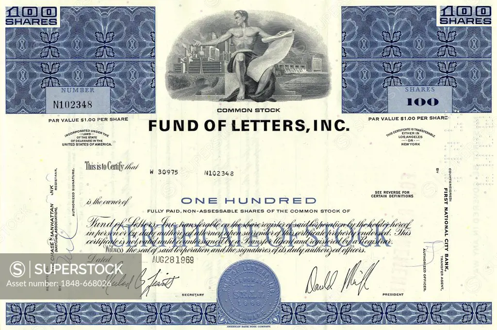 Historical stock certificate, banking and finance sector, Fund of Letters, Inc., 1969, Los Angeles, California, USA