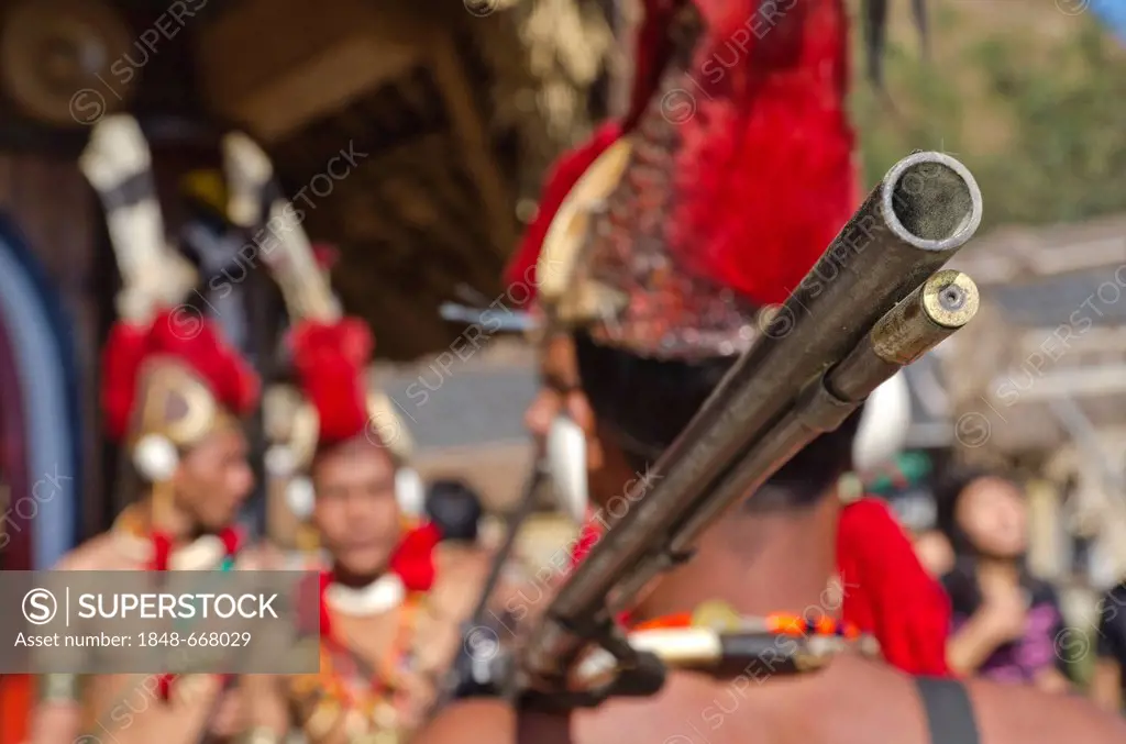 Phom warriors in full gear at the annual Hornbill Festival, Kohima, Nagaland, India, Asia