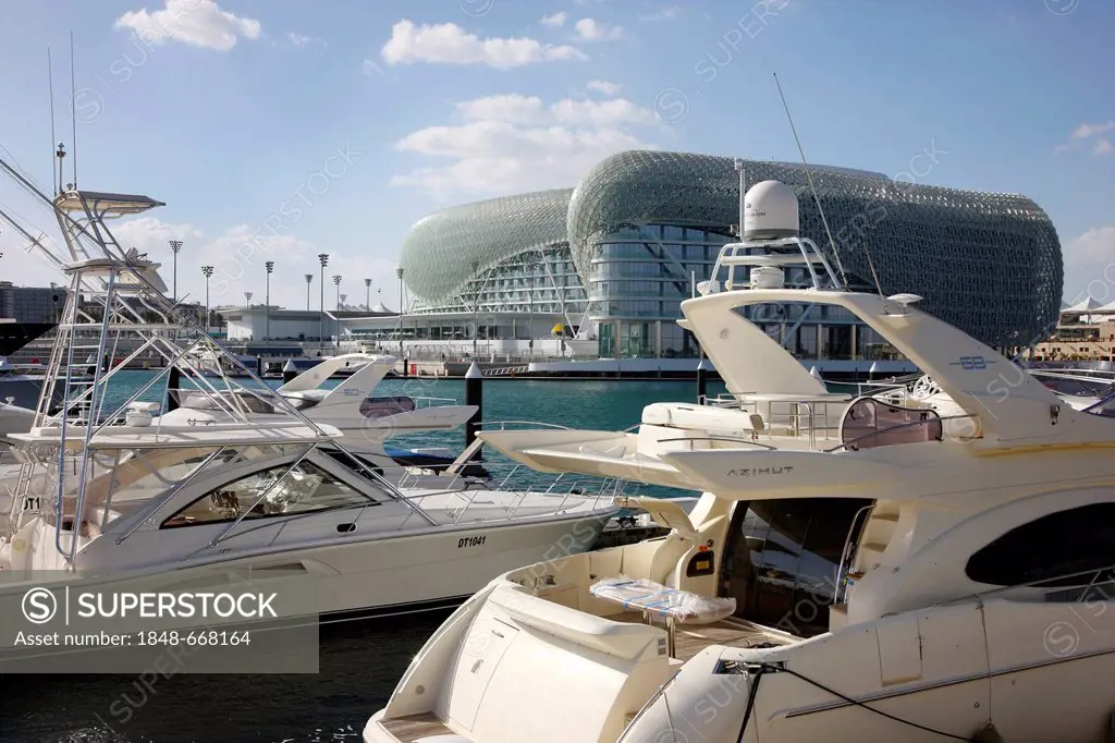 Yas Hotel on Yas Island, futuristic luxury hotel in the middle of the Formula 1 race track of Abu Dhabi, United Arab Emirates, Middle East, Asia