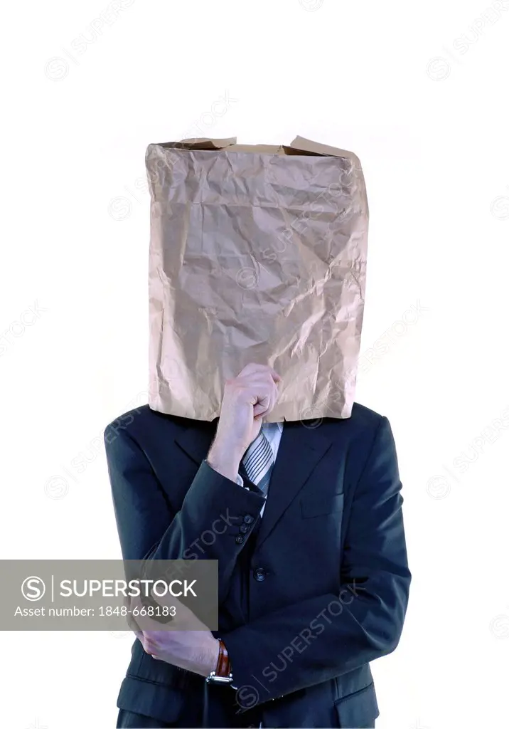 Thoughtful businessman with paper bag over his head