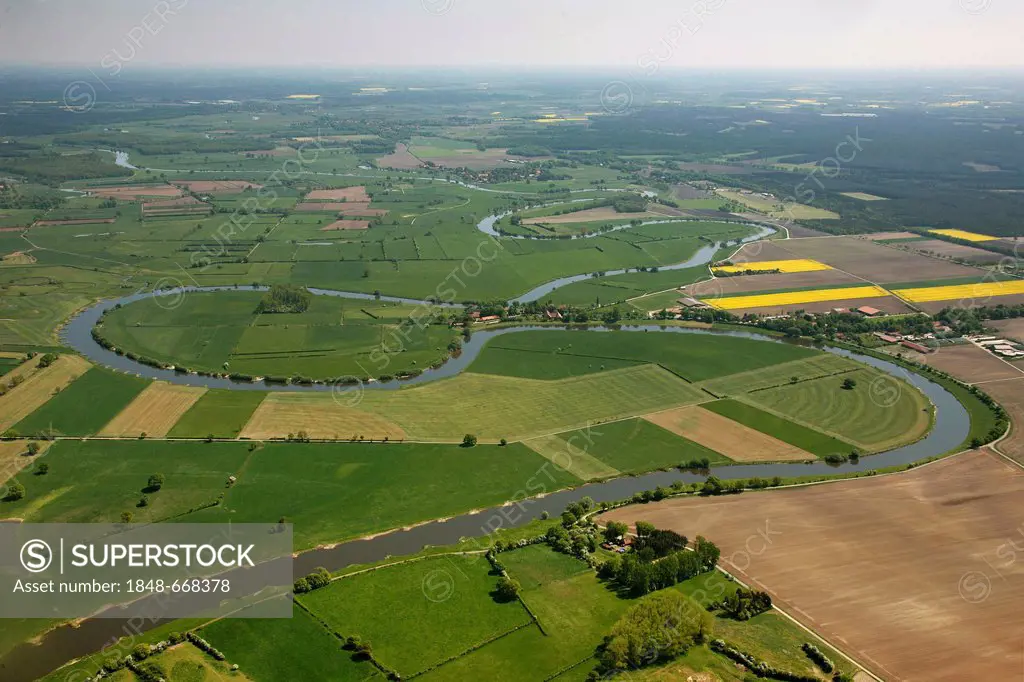 Aerial view, loop of the Aller River, riverscape, Soltau-Fallingbostel, Lower Saxony, Germany, Europe