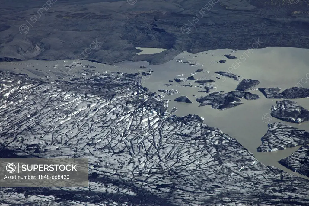 Aerial view, Vatnajoekull glacia lake, south Iceland, Europe