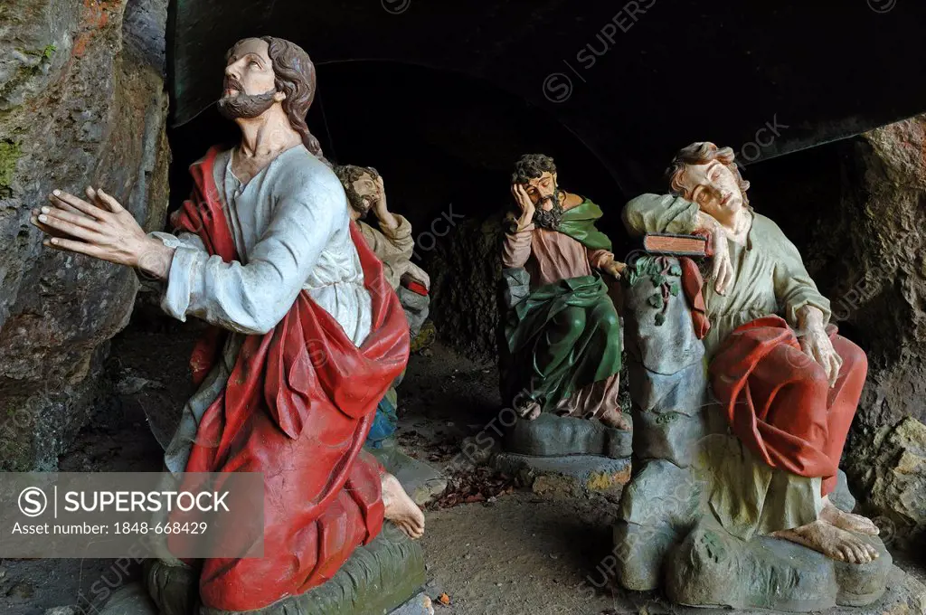 Saint figures in the Oelberggrotte or Mount of Olives grotto, Goessweinstein, Upper Franconia, Bavaria, Germany, Europe