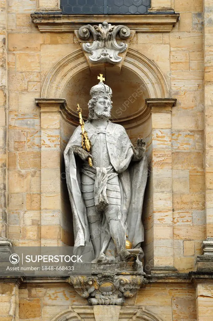 Statue of Emperor Henry II, 973 - 1024, on the main facade of the Baroque Basilica Goessweinstein, consecrated in 1739, architect Balthasar Neumann, B...