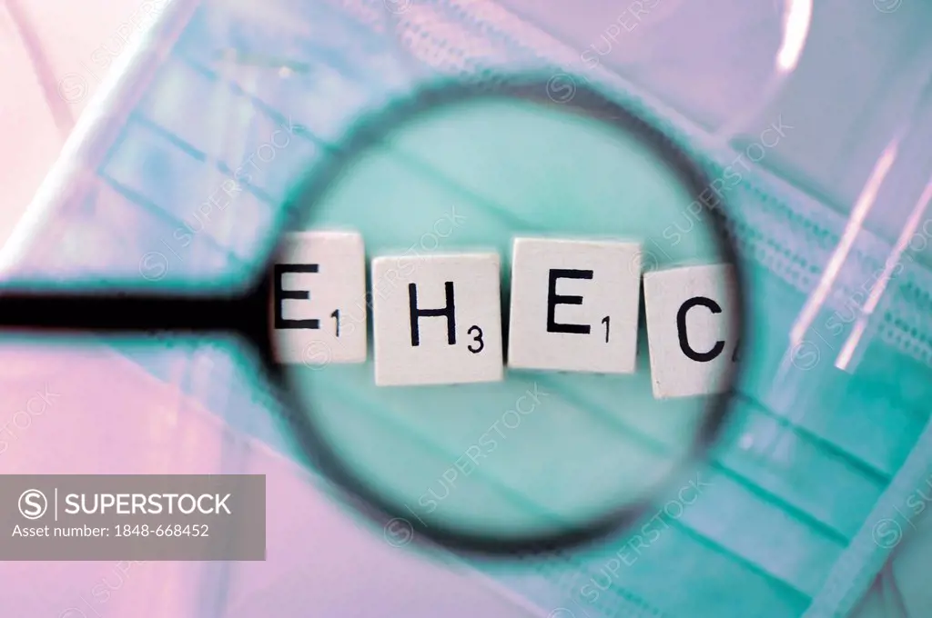 Lettering EHEC under a magnifying glass, symbolic image for search for the carrier of the EHEC pathogen