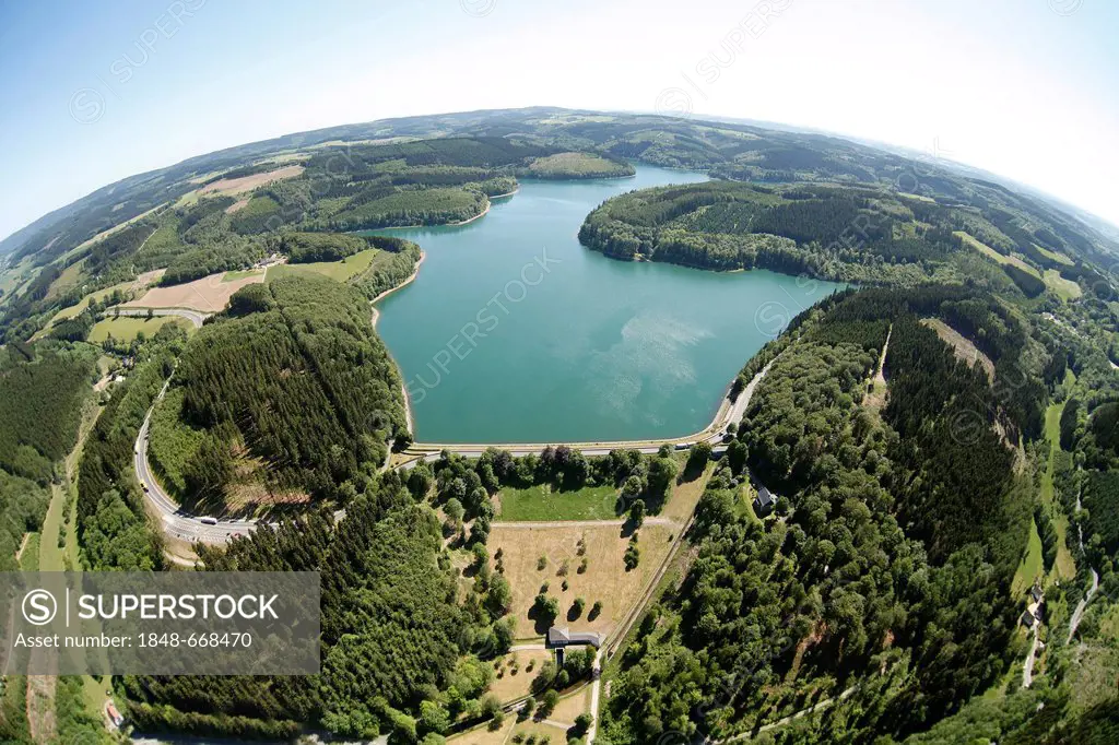 Aerial view, Versetalsperre dam, Klamer Bruecke bridge, Rhenish Massif, Luedenscheid, Herscheid, Sauerland area, North Rhine-Westphalia, Germany, Euro...